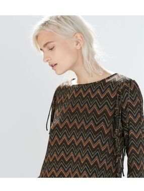 Zara Woman Fringe Boho Western Festival Viscose Geometric Chevron Blouse Top S
